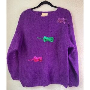 Rare Vintage 80s/90s Anna Made in Italy Mohair Sweater Purple Handmade Sequin‎